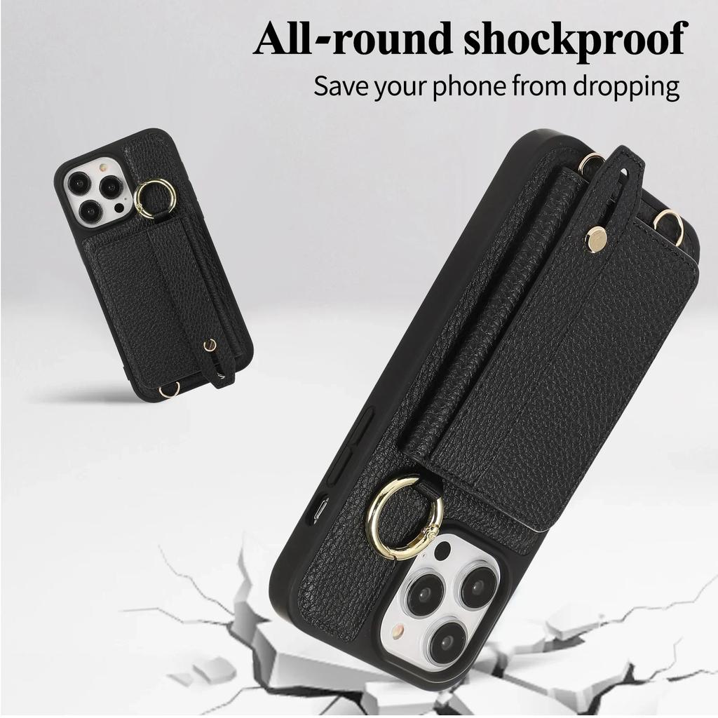 Wristband Wallet Cards Solt Crossbody Leather Case For iPhone 15 16 Pro Max 14 Plus 13 12 11 Ring Holder Lanyard Bag Pouch Cover