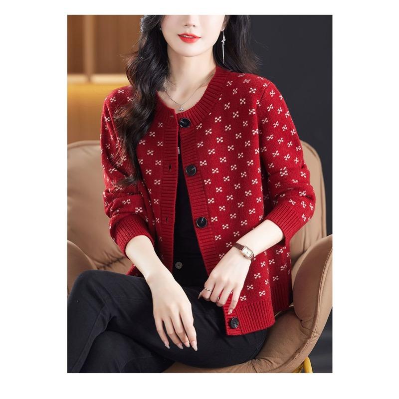 Pullover Damen Rundhalsjacke Lockerer Cardigan Geometrisches Grafikmuster Kontrastfarbe Knopf Langarm Körper