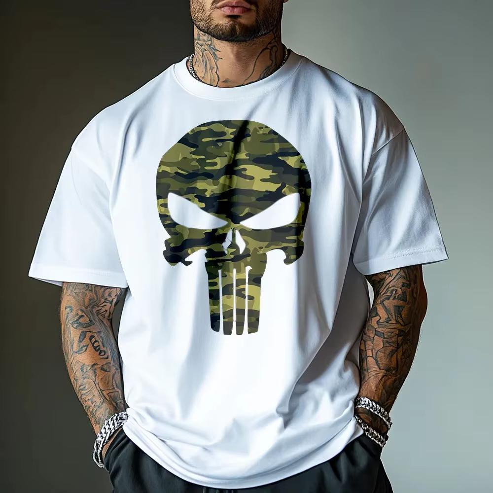 2026 Fashion Summer New Men Skull Camouflage Cotton TShirt Casual Sporty Men Fitness Muscle Fit White Comfortable S