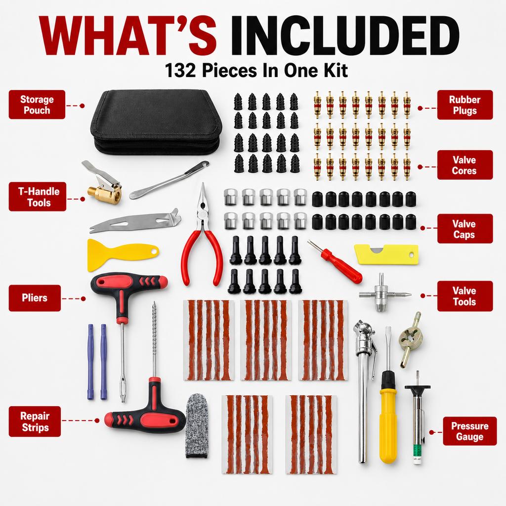 132Pcs Car Motorcycle Tire Repair Kit Puncture Plug Tools Tyre Puncture Emergency for Tire Strips Stirring Glue Repair Tool Kit Tire Chucks 1
