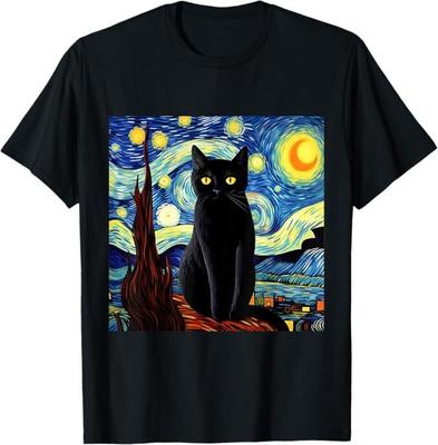 Artystyczna Zabawna Czarny Kot Malowanie Artysta Van Gogh Gwieździsta Noc Koszulka Unisex Koszulka