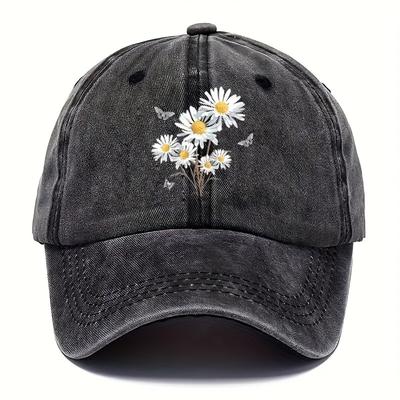 Unisex Vintage Washed Baseball Cap Adjustable Lightweight Breathable Dad Hat with Daisy Butterfly Print Design