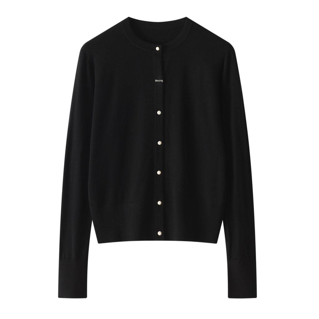 Women's Merino Wool Cardigan - Lightweight, Solid Color, Round Neck, Ideal for Spring & Summer.