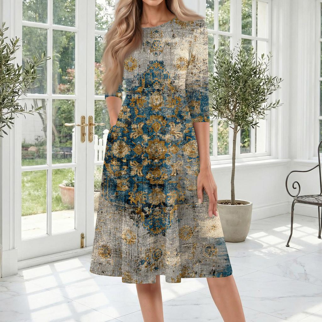 Women's Casual Fashion Round Neck Three Quarter Sleeve Printed Midi Dress