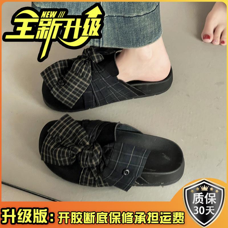Retro design denim plaid bow baotou half slippers women's 2025 summer new sweet lazy sandals