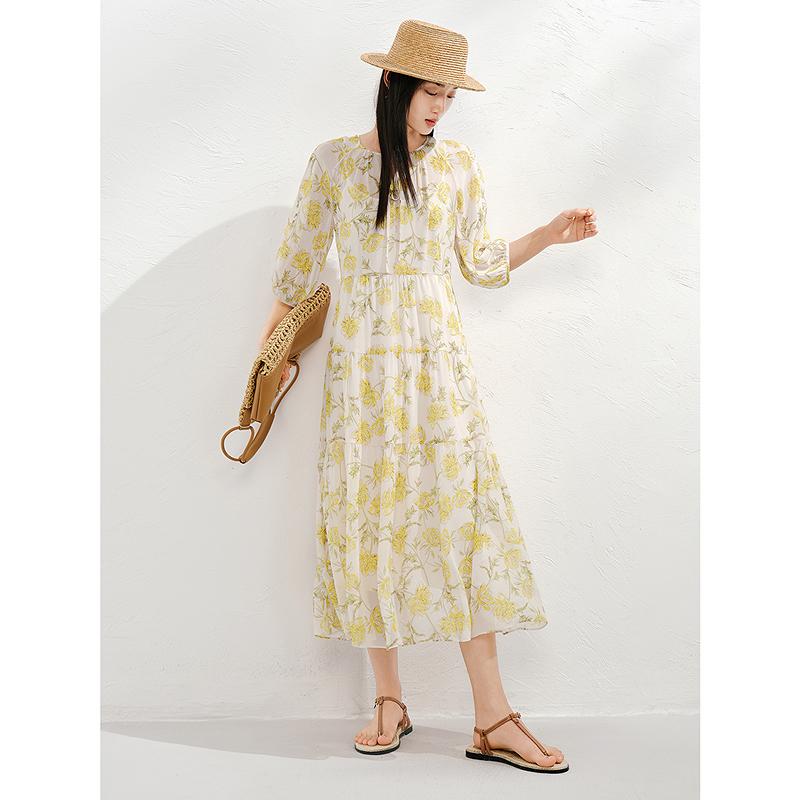 Jiuzi Anna Kou 100% Mulberry Silk Autumn Chrysanthemum Flap Waist Dress for Women 2025 Summer New Style