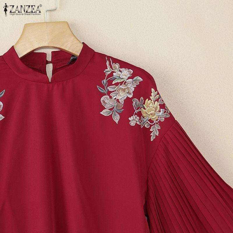 ZANZEA Women Casual Stand Collar Loose Pleated 3/4 Sleeve Print Blouse