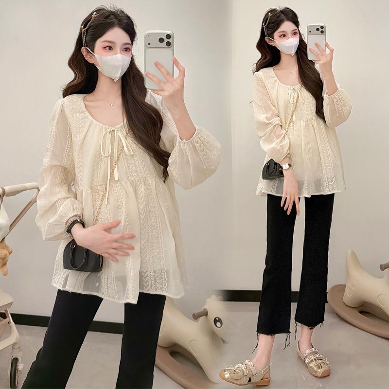 Embroidered Long Sleeve Maternity Doll Shirt: Versatile Loose Fit for Spring & Autumn