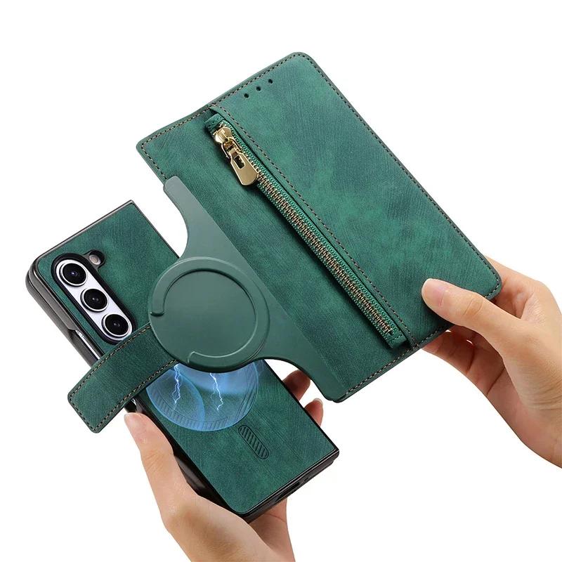 Magnetic 2 in 1 Detachable Flip Card Wallet Case for Magsafe Samsung Galaxy Z Fold 7 6 5 4 3 Zipper Cards Solt Leather Bag Cover
