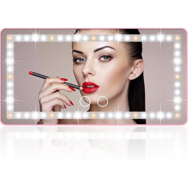 Car Sun Visor Vanity Mirror, with 3 Light Modes & 60 LEDs - Rechargeable Dimmable Clip-on Rear View Sun-Shading Cosmetic Makeup Mirror, Universal for