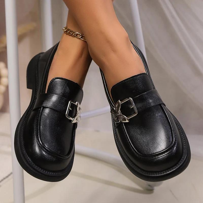 British Style Black Low Heels Work Shoes Ladies Casual Rounded Shallow Mouth Pumps For Women Office Pu Leather Flats Shoes Woman