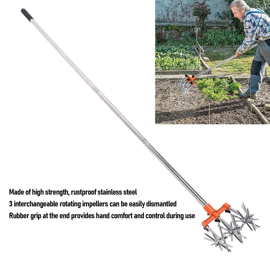 Manual Rotary Cultivator Tool Stainless Steel Teeth Adjustable Handle Garden Hand Tiller for Lawn