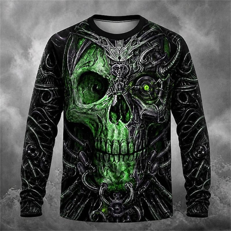 New Men's Round-Neck Halloween Long-Sleeve T-Shirt with Spooky Skull Print for Holiday Parties - Men's Top