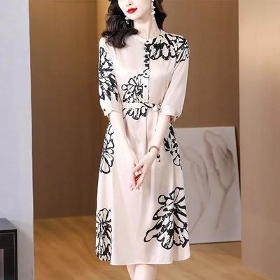 Women's Elegant Floral Print Midi Dress Half Sleeve Stand Collar Belted A-Line Casual Dress
