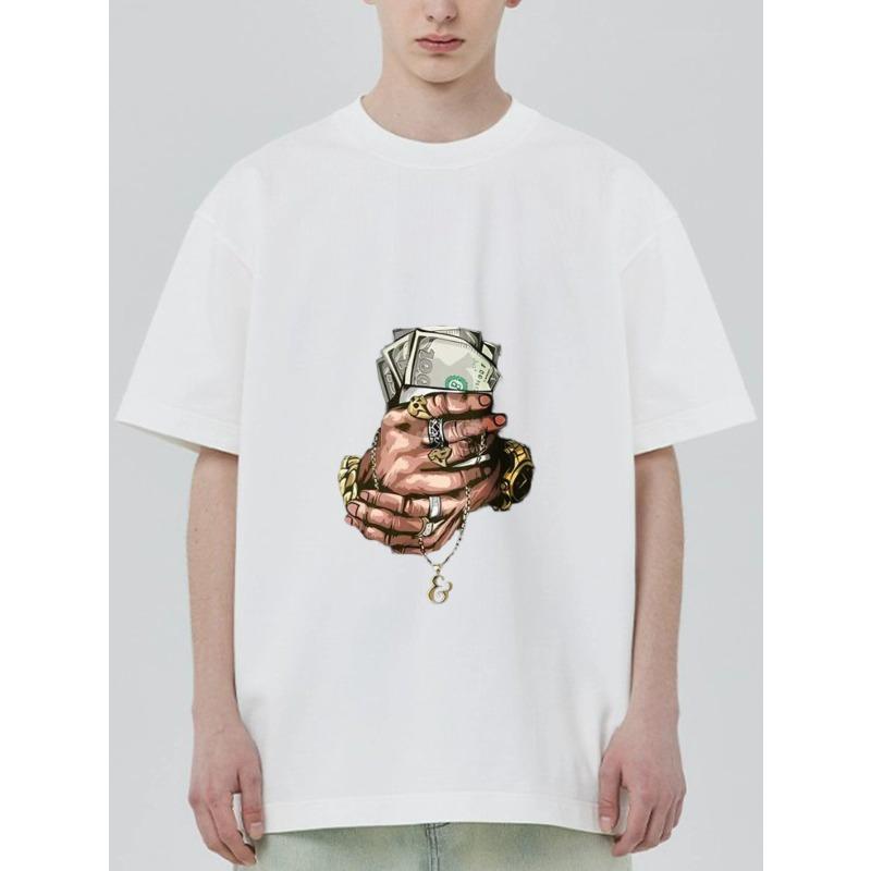 Black T Shirt with Hands Holding Money and Chain Pendant Print for Casual Streetwear Style