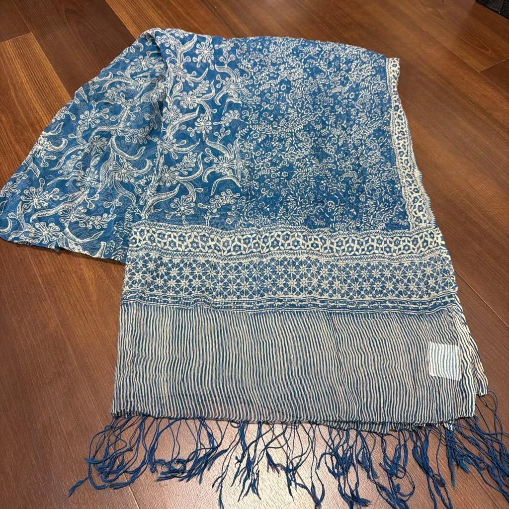 Used Blue floral and stripe pattern large stole with fringe