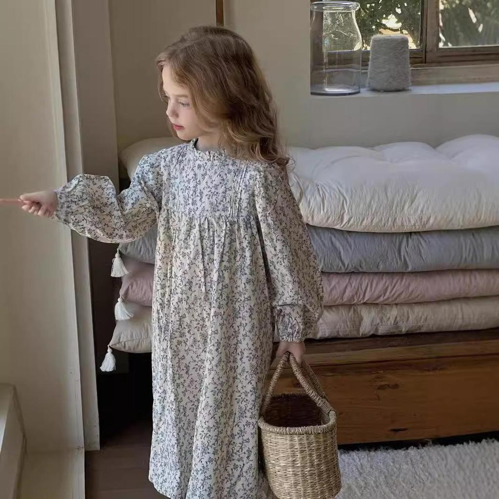 Dziewczęca wiosenna sukienka księżniczki z długim rękawem w kwiaty na rok 2025 - Moda dziecięca w stylu koreańskim