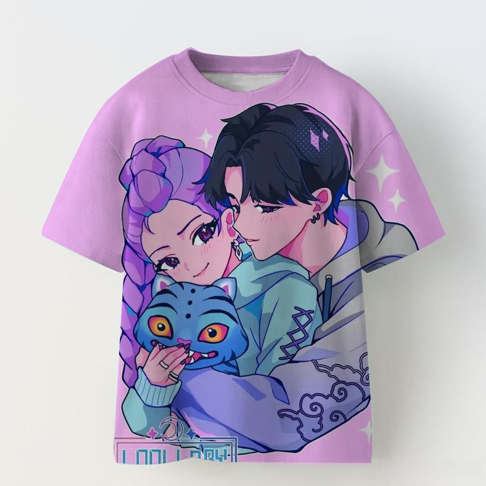 KPOP Demon Slayer Collaboration 3D Digital Print Summer Girls' Casual Fashion Round Neck Short Sleeve T-Shirt Parent-Child Outfit