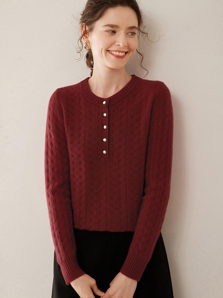 Women's Pure Cashmere Thickened Hollow Round Neck Sweater – Long Sleeve, Warm Knitwear for Autumn and Winter