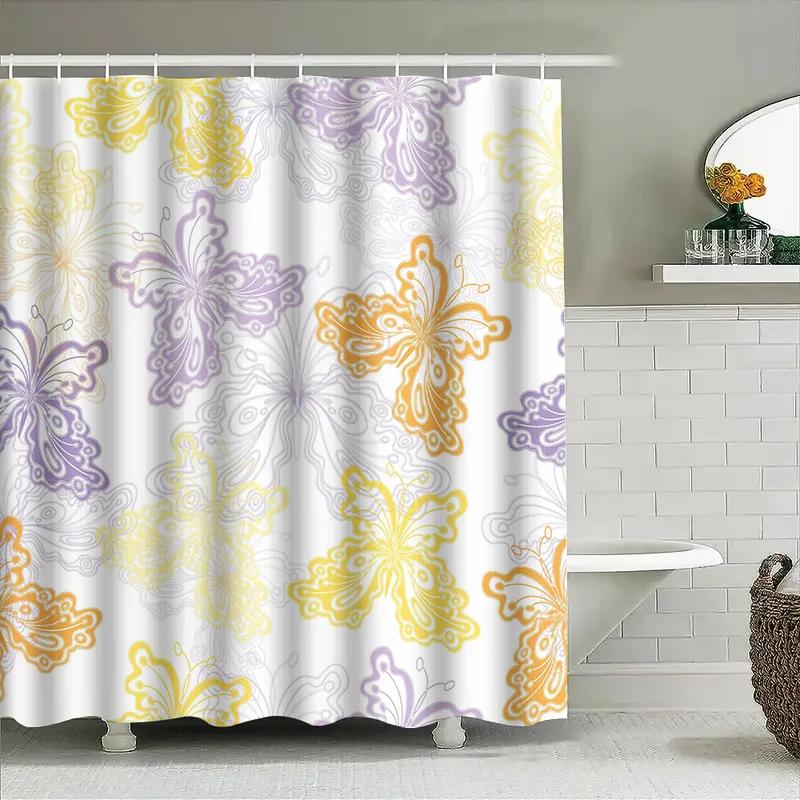 Butterfly Printed Shower Curtain Waterproof Bathroom Decor Customizable Size Yellow Purple Orange Colorful Floral Design Made Fr