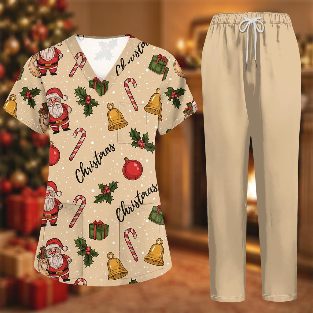 Damen-Uniformset mit kurzärmeligem Weihnachtsdruck-Oberteil und Hose, 2-teiliger Pflegekraft-Kittel