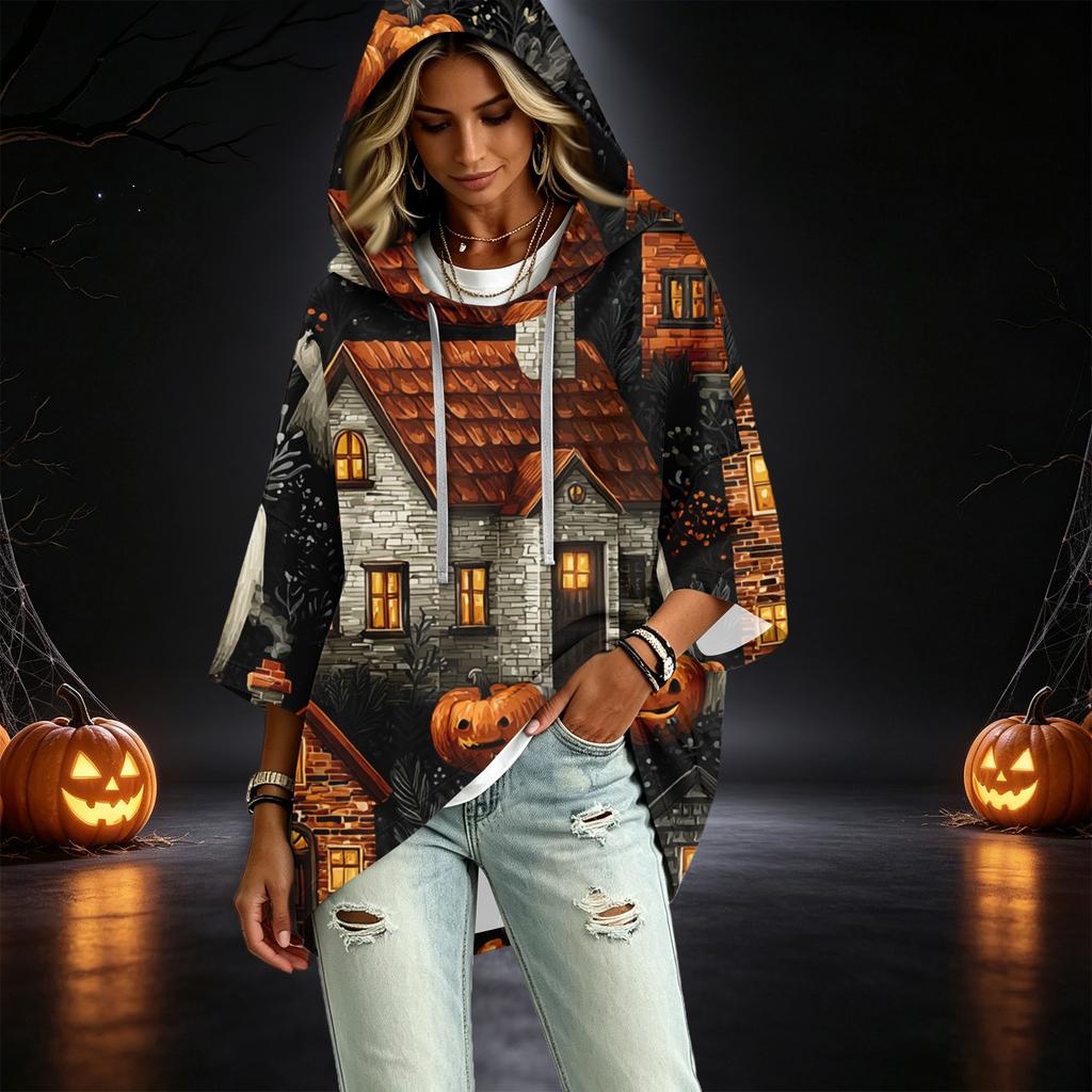 Women's Halloween Printed Hoodie 3/4 Sleeve Pullover Casual Tunic for Party