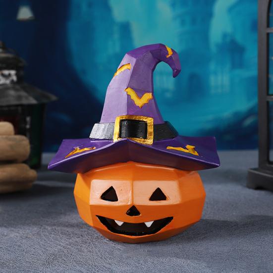 Halloween Ornament Pumpkin Wearing Witch Hat Shape Statue Indoor Outdoor Decor Spooky Halloween Tabletop Decoration