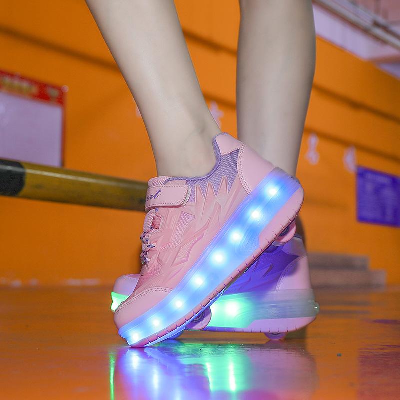 Direct sales double wheel runaway shoes children runaway shoes shrink girls boys roller skates charging flash skates