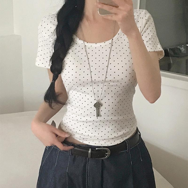 Gentle Wind Polka Dot Printed Short-sleeved T-shirt Women's Summer Pure Desire Sweet Spice Girl Inner Bottoming Shirt Slim-fitting Short