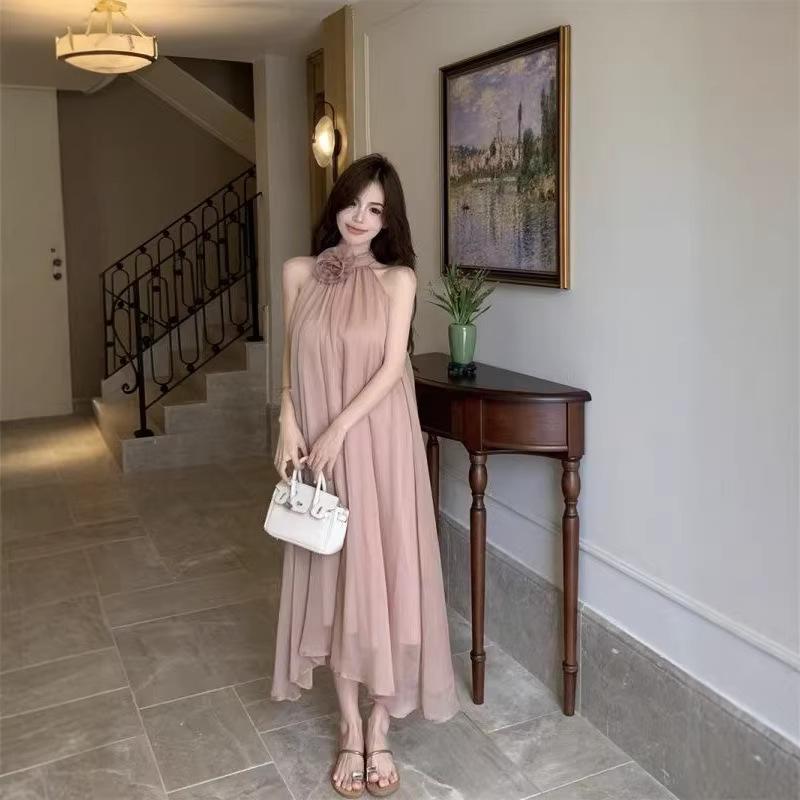 Design-Sense Floral Halter Neck Sleeveless Dress - Gentle Summer French Style Off-Shoulder Long Skirt