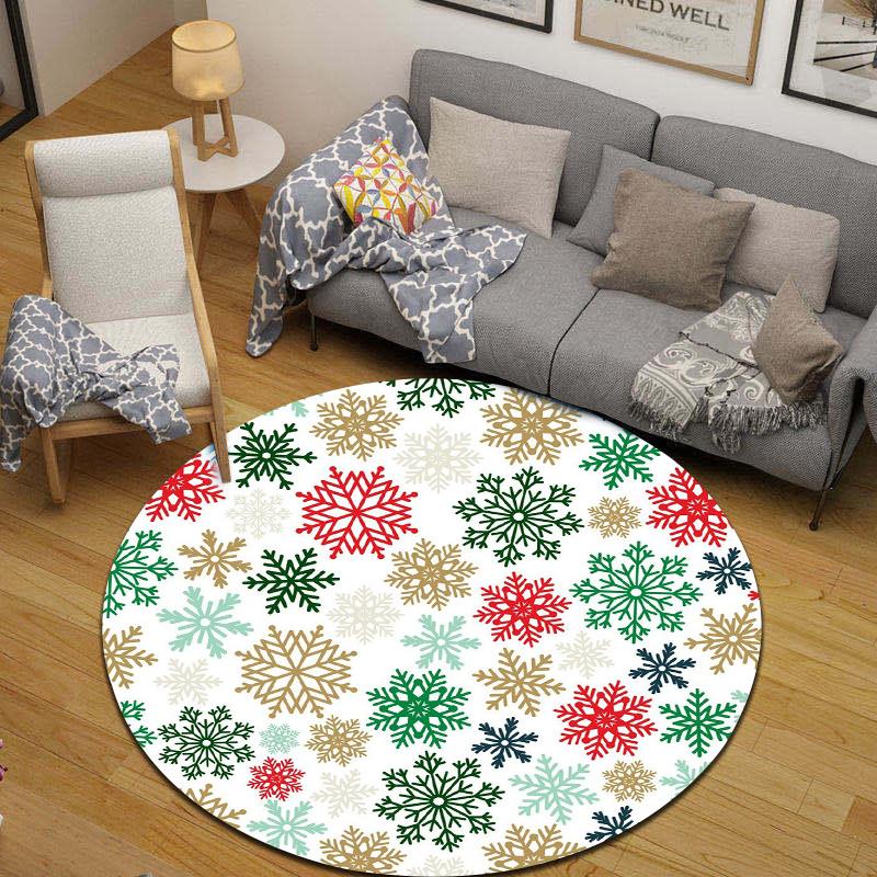 Round Carpet Colorful Snowflake Pattern Red Green Gold White Winter Home Office Decor