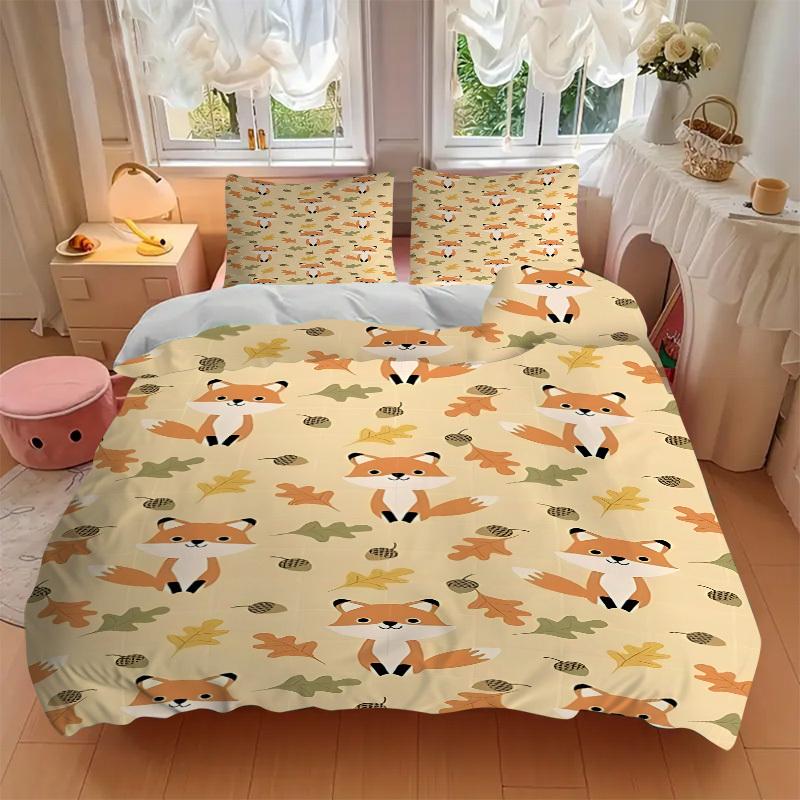 3-teiliges Herbstfuchs Bettwäsche-Set, Enthält 1 Bettdecke + 2 Kissenbezüge, Ohne Kissenfüllungen, Weich Bequem, Leicht Atmungsaktiv, Druck