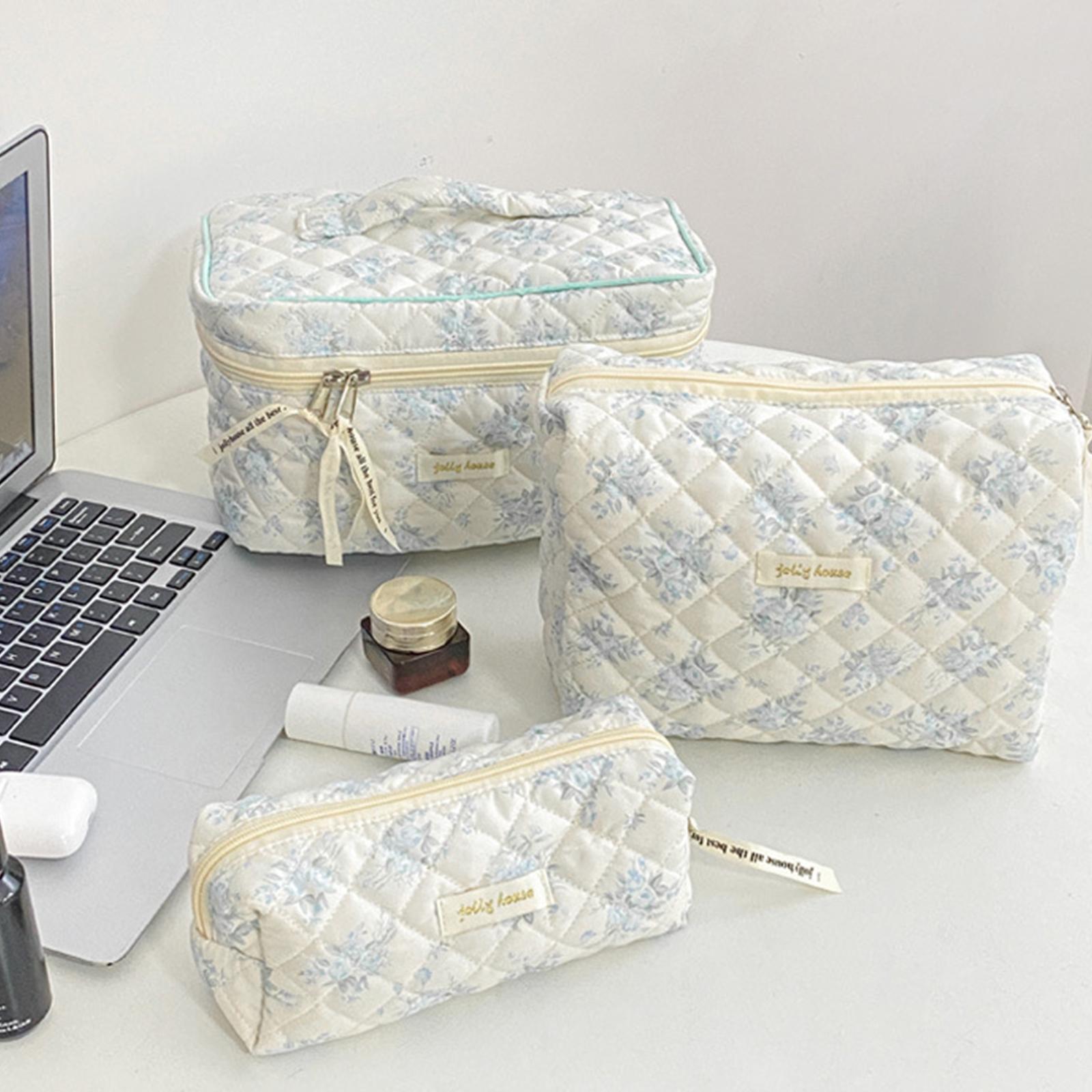 

3Pcs Makeup Bag Cute Quilted Travel Makeup Pouch Cosmetic Bag with Zipper Pencil Case for Women and Girls светло-синий