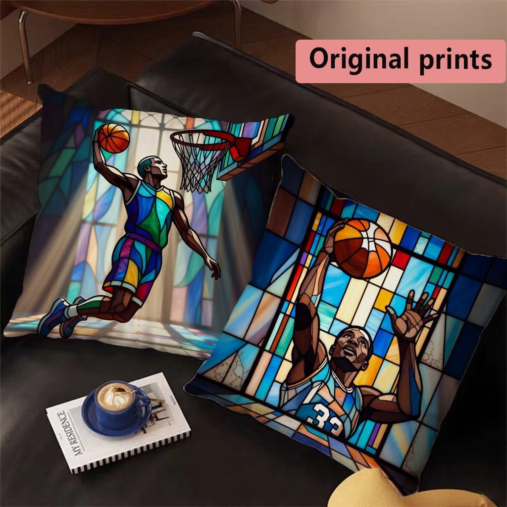 Stained Glass Basketball Player Throw Pillow Covers Pattern Cushion Cover Suitable for Sofa Bedroom Car Pillow Cover