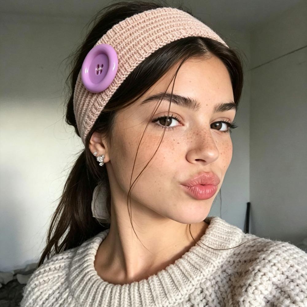 Wide Band Knit Headband Colorful Button Hair Wrap Durable Warm Hair Band Winter Daily Wear