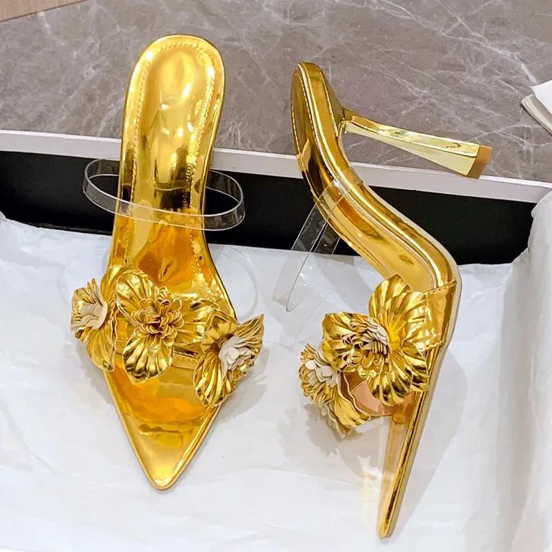Fashion Luxury Design Gold Flower Thin Heels Slippers Women Sexy Pointed Toe PVC Clear Narrow Strap Heeled Sandals Summer Slides Heels