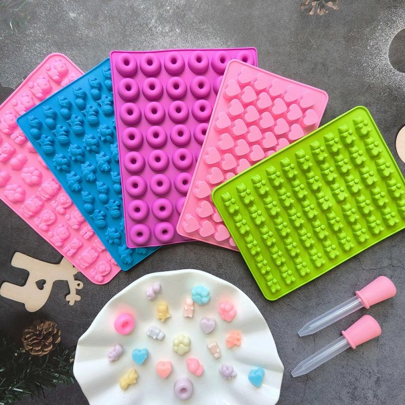 Gummy Bear Mold Silicone Chocolate Mold with 2pcs Dropper DIY Dinosaur/Bear/Heart and Mini Donuts Festival Party Baking Mold