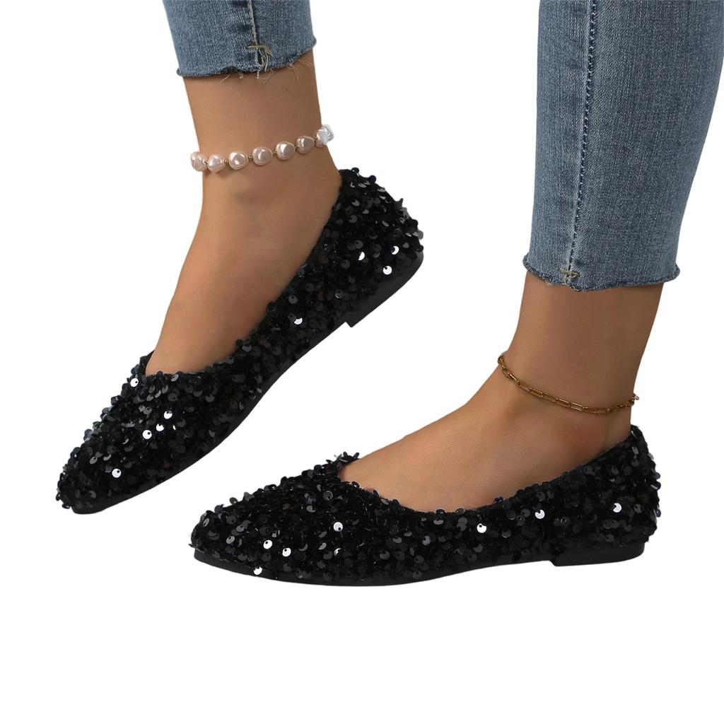 Women's Fashion Large Size Sequin Pointed Toe Casual Flats Slip On Comfortable Lightweight Flexible Sole Stylish Design