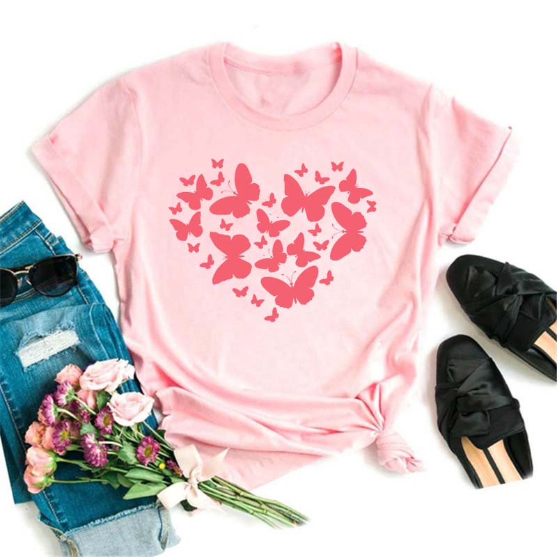 Watercolor Butterfly Heart Printed T Shirt New Women Black T Shirt Harajuku Cute Graphic Tee Shirt Ladies Casual Female Tops Tee