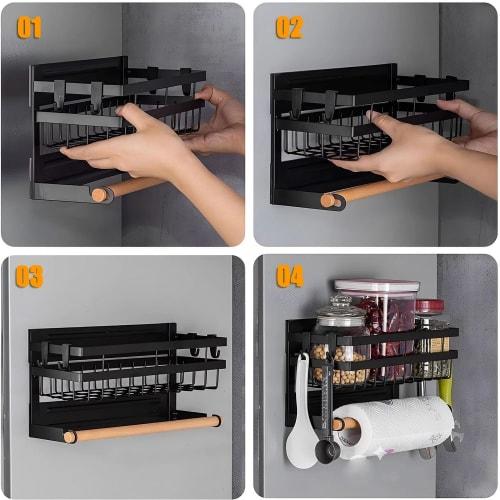 Vinnatsu Kitchen Storage Magnet, Refrigerator Side Rack, Spice Rack, Kitchen Storage with Magnetic Paper Holder (Includes 4 Movable Hooks)