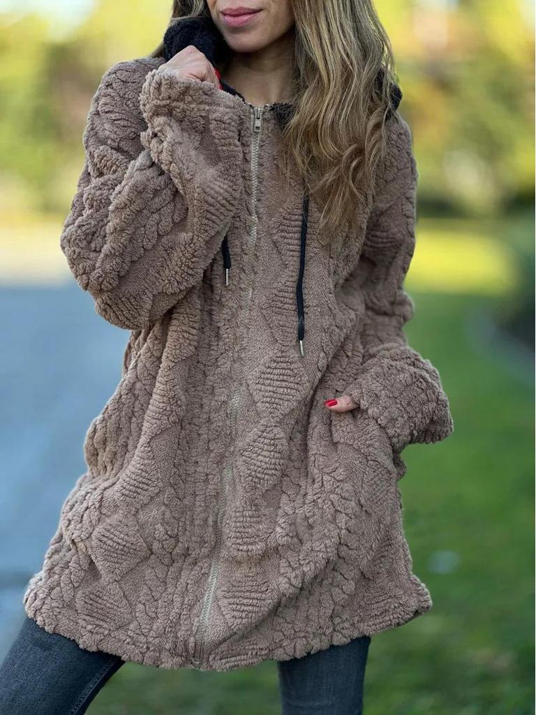 Women's Hooded Fuzzy Zipper Jacket - Solid Color, Long Sleeve, Autumn/Winter Collection 2025