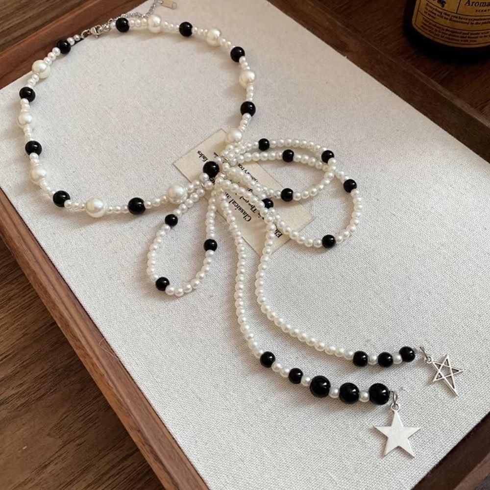 Bowknot Beaded Necklace Alloy Collar Chain Exquisite Neck Jewelry Daily