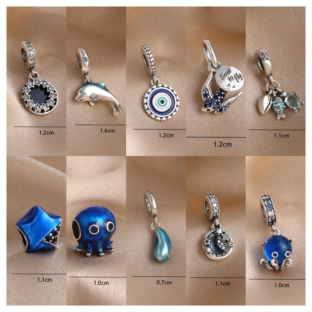 Blue 925 Silver Dolphin Octopus Turtle Swallow Pendant Bead, Suitable for European Bracelet DIY Women's Jewelry Accessories