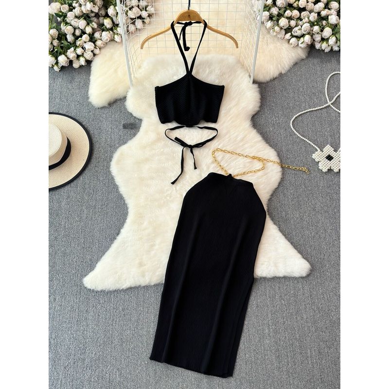 Seaside Vacation Hanging Neck Dress Women Spring Backless Mature Royal Sister Temperament Beautiful Chic Beautiful Set Skirts