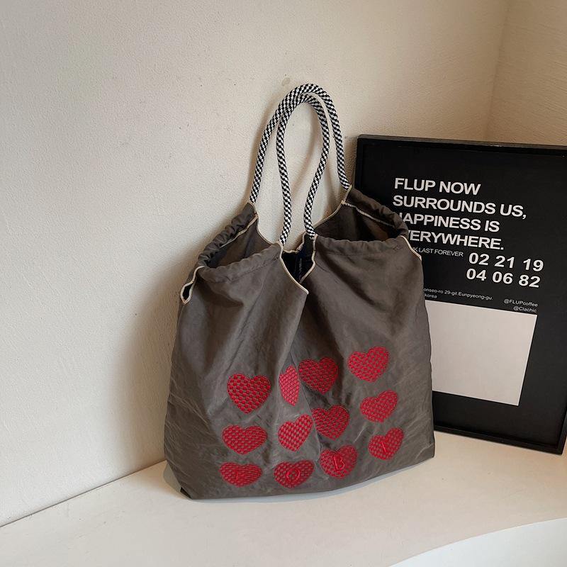2025 New Bag Women's Shoulder Bag Love Embroidered Shopping Bag Nylon Cloth Portable Niche Shopping Bag Cloth Bag