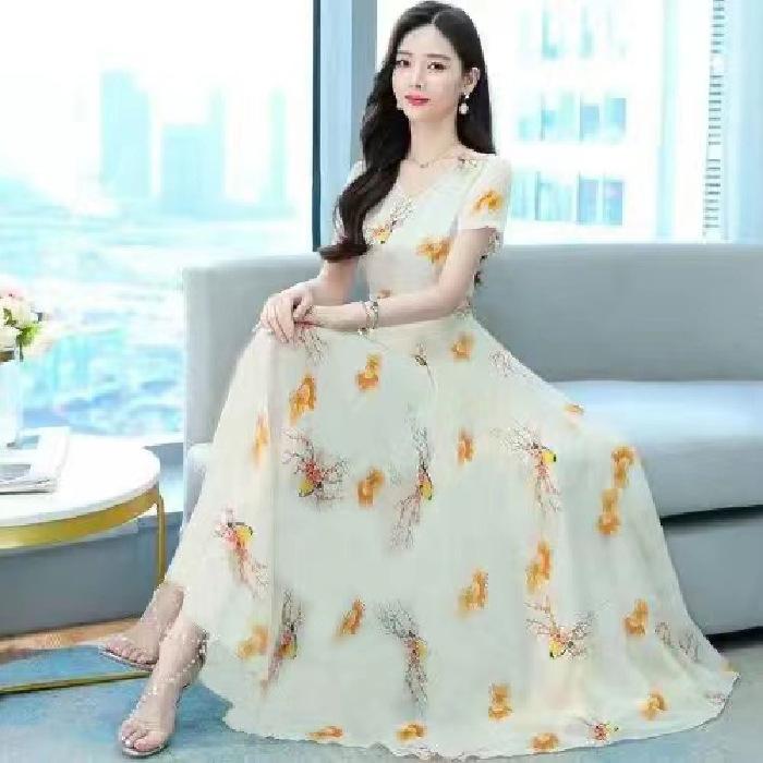 

Summer summer new printed ice silk dress V-neck temperament waist slim and thin pendulum long skirt 3XL жовтий