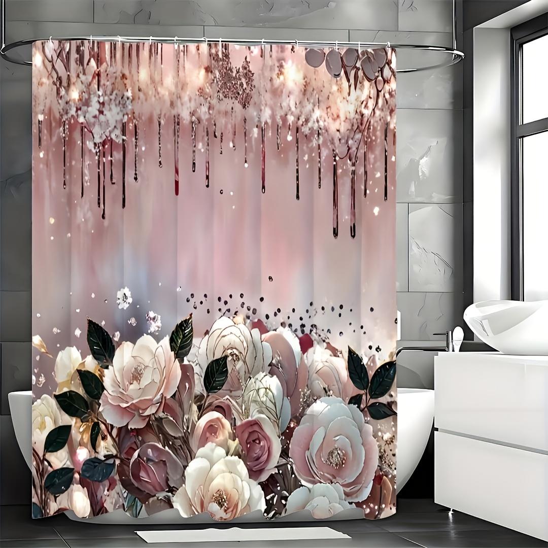 1pc Sparkling Pink Rose Shower Curtain - Art Pattern, Polyester, 12 Hooks, 70.8x70.8 , Bathroom Decor Set W90XH180cm