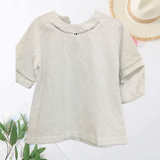 O-Neck pół rękawa damska bluzka drążą koronkowe szwy luźny krój cienka jednokolorowa koszula retro Top Streetwear