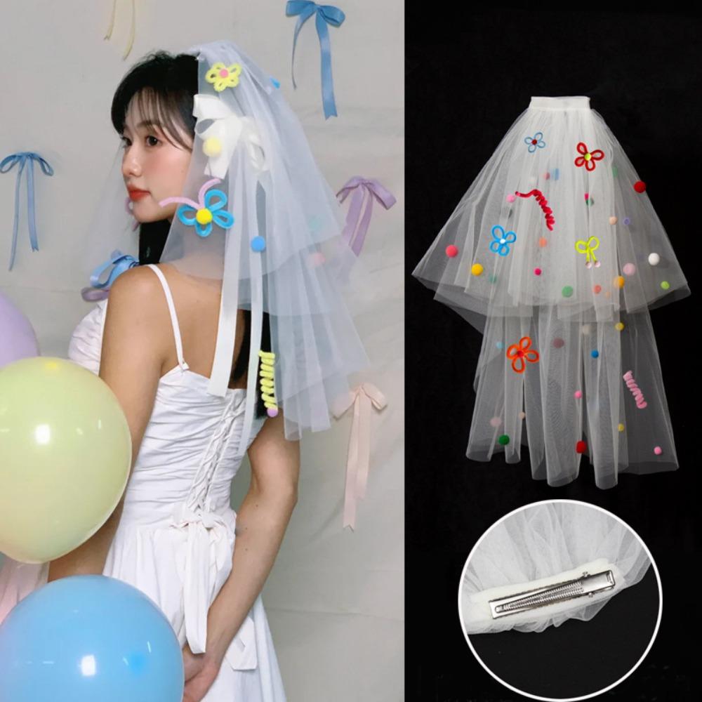 Photo Props Pompom Mesh Tulle Colorful White Veil Wedding Veils Bridal Veils Headdress Accessories