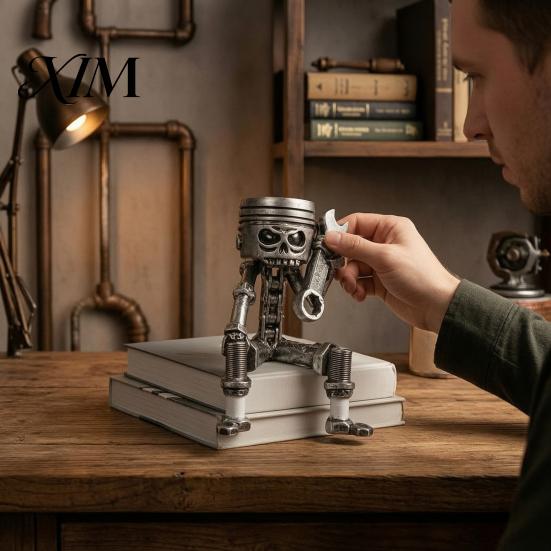 Cyberpunk Style Collectible Mechanical Skull Figurine with Gear Base, Industrial Piston-Head Skeleton Statue Wrench, Gift for Car Lovers Gearheads